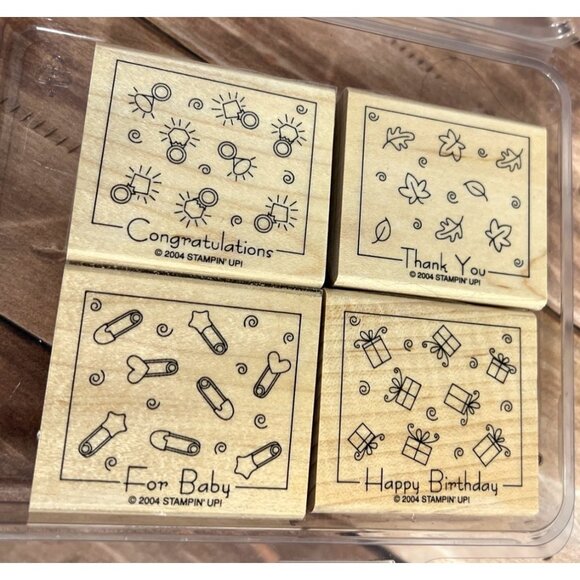 STAMPIN' UP! FABULOUS FOUR Wood Mounted Rubber Stamp SET BABY BIRTHDAY CONGRATS - Picture 1 of 5